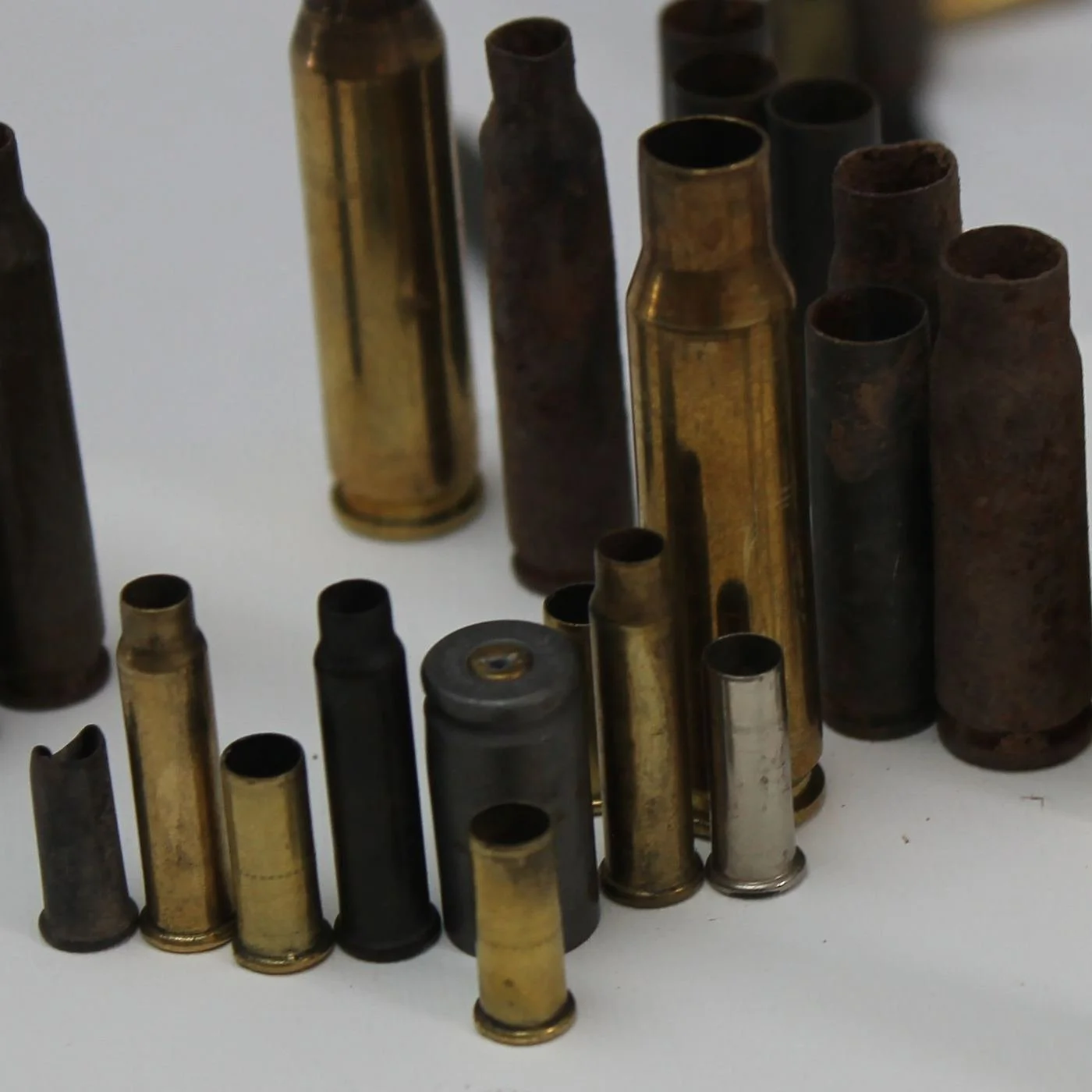 Spent brass ammunition casings.