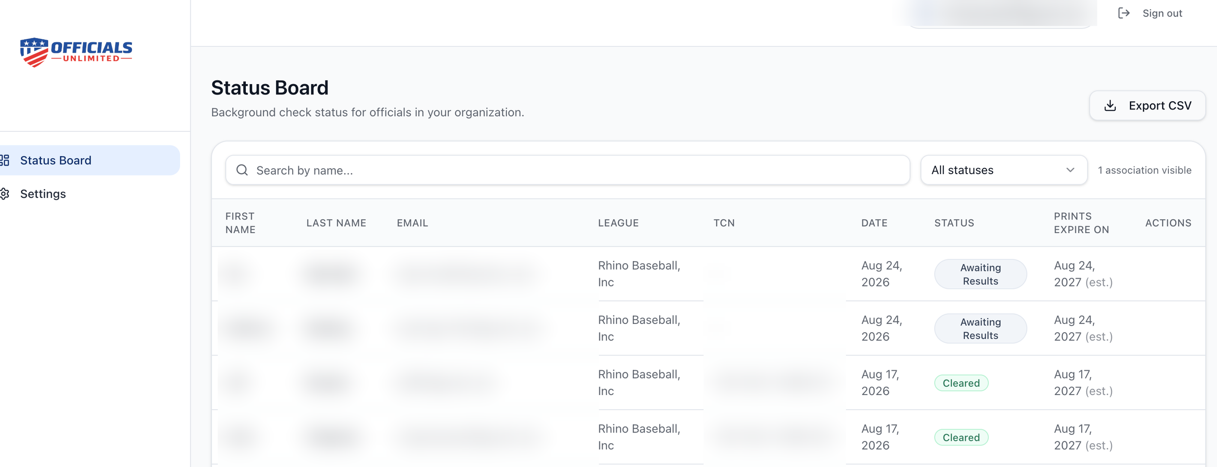 Officials Unlimited league portal status board showing Level 2 background check status for youth sports coaches, with columns for name, league, TCN, screening date, status and fingerprint expiration.