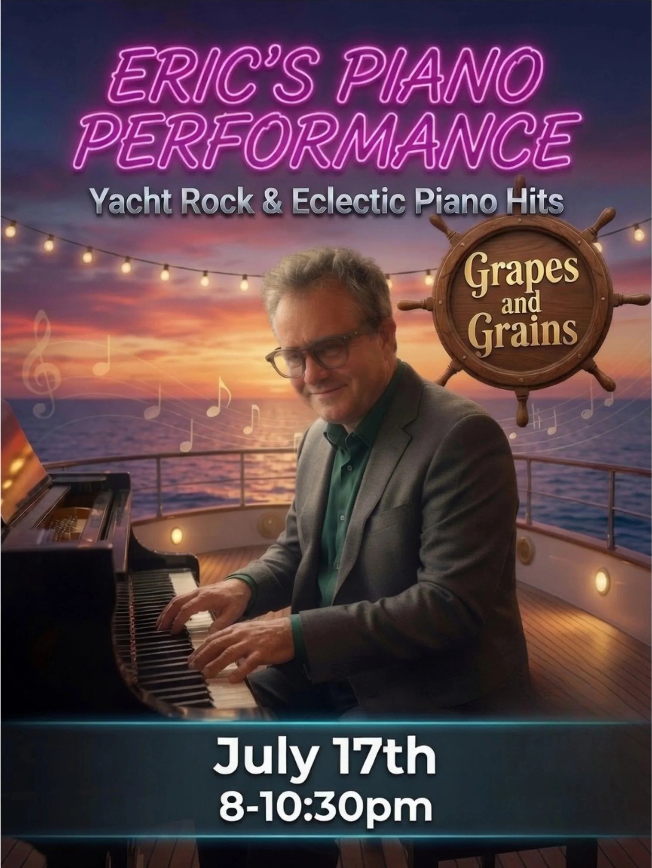 Eric Hunsucker piano performance at Grapes and Grains. Yacht rock and eclectic piano hits. Thursday July 17, 8 to 10:30 PM. Greensboro NC