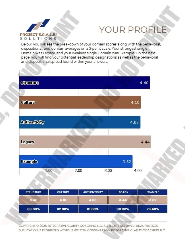 Project S.C.A.L.E.® 180 Audit Report sample showing domain scores