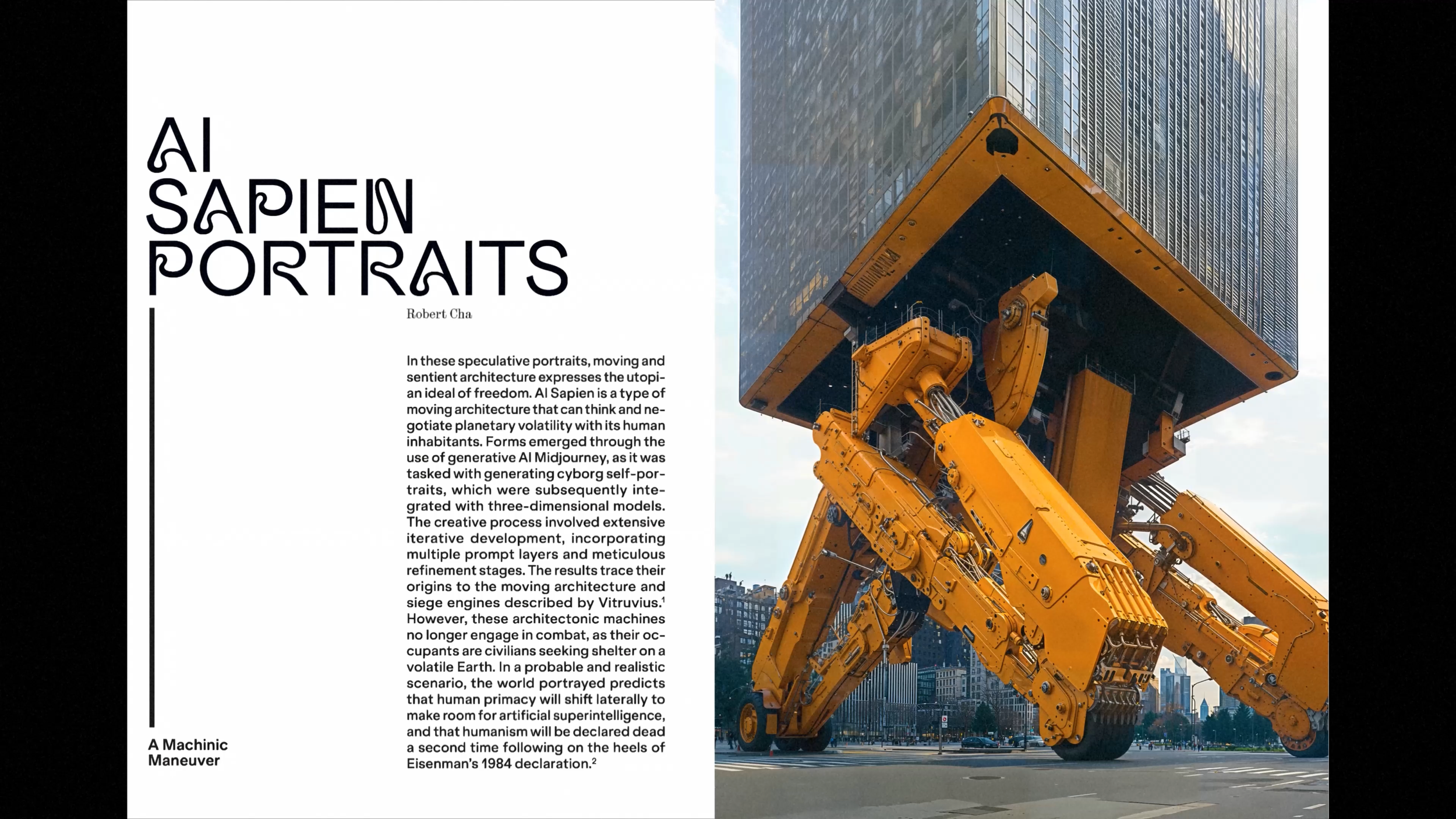 AI SAPIEN Portraits by Robert Cha for Chimera: A Machinic Maneuver, with a speculative building on articulated mechanical legs