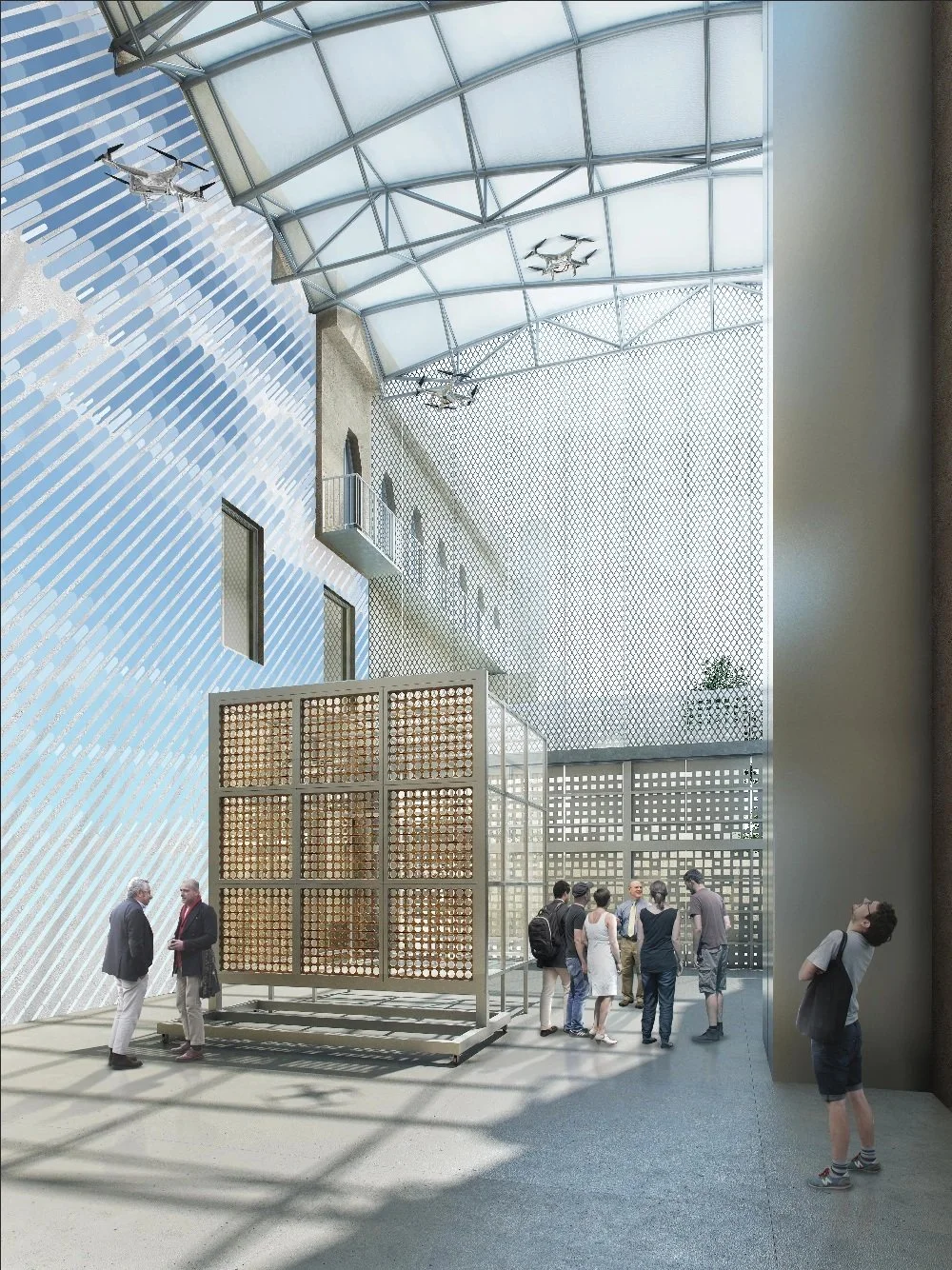 Caltech CAST rendering: drones fly beneath the tensile roof above an occupied courtyard