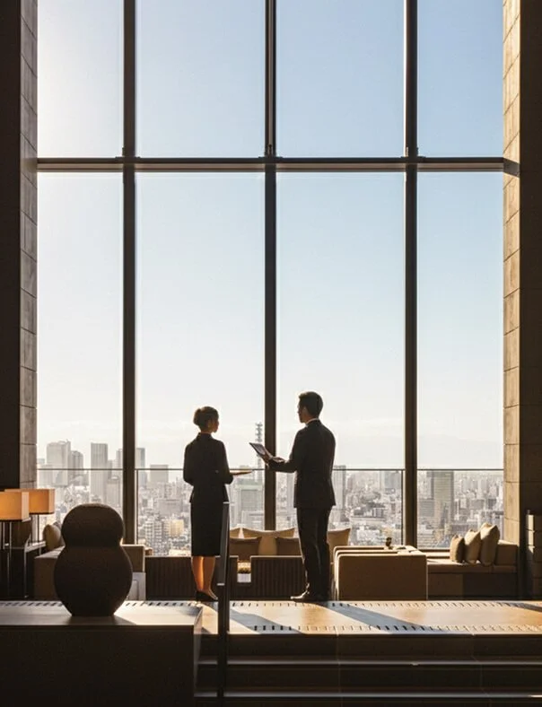 People stood at a large window