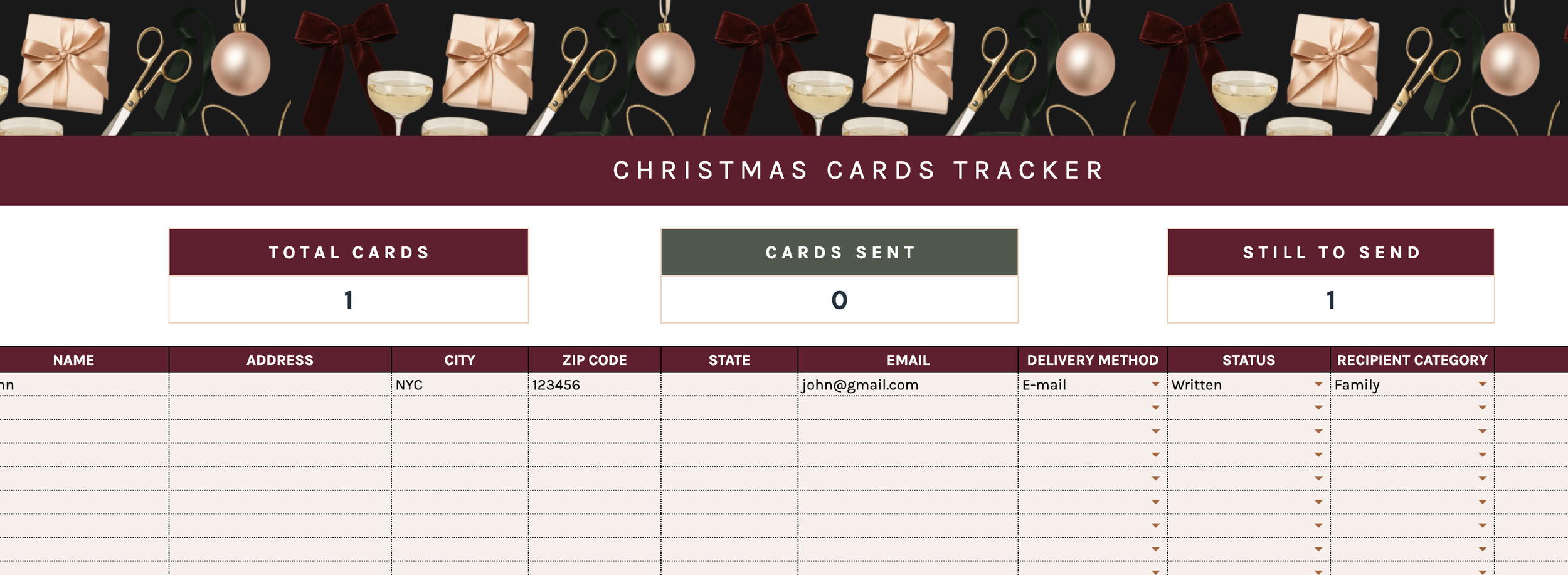 Christmas card tracker spreadsheet with recipient addresses, delivery method, sent status and totals