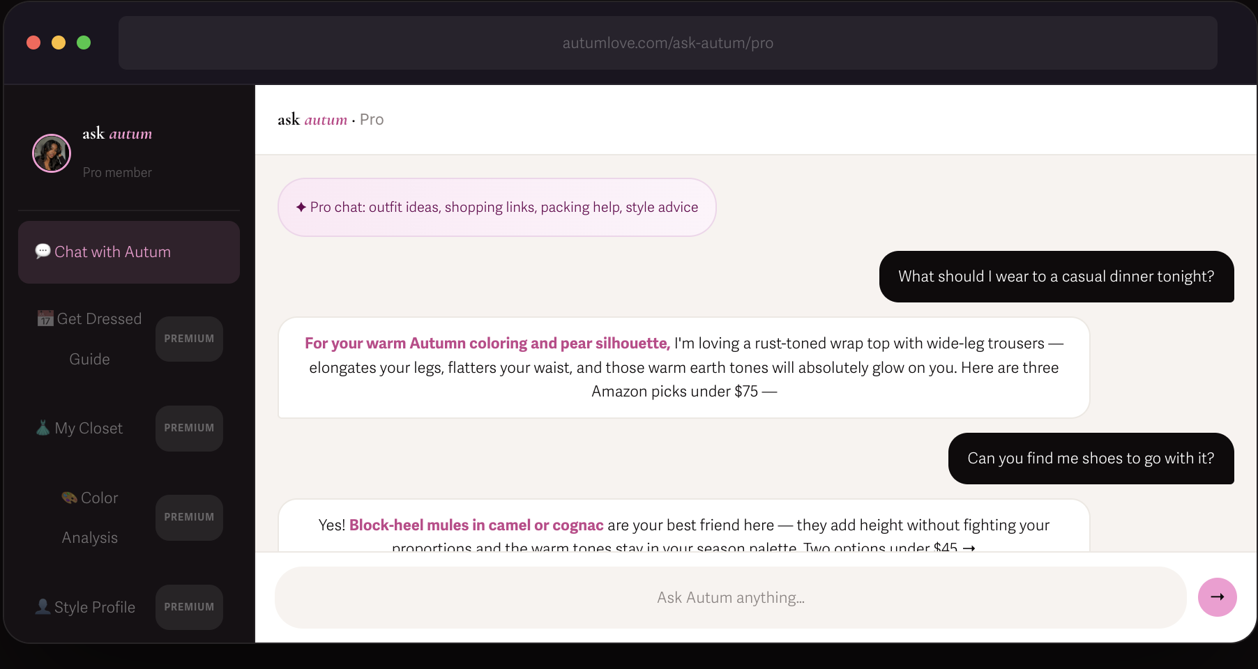 Ask Autum Pro chat preview