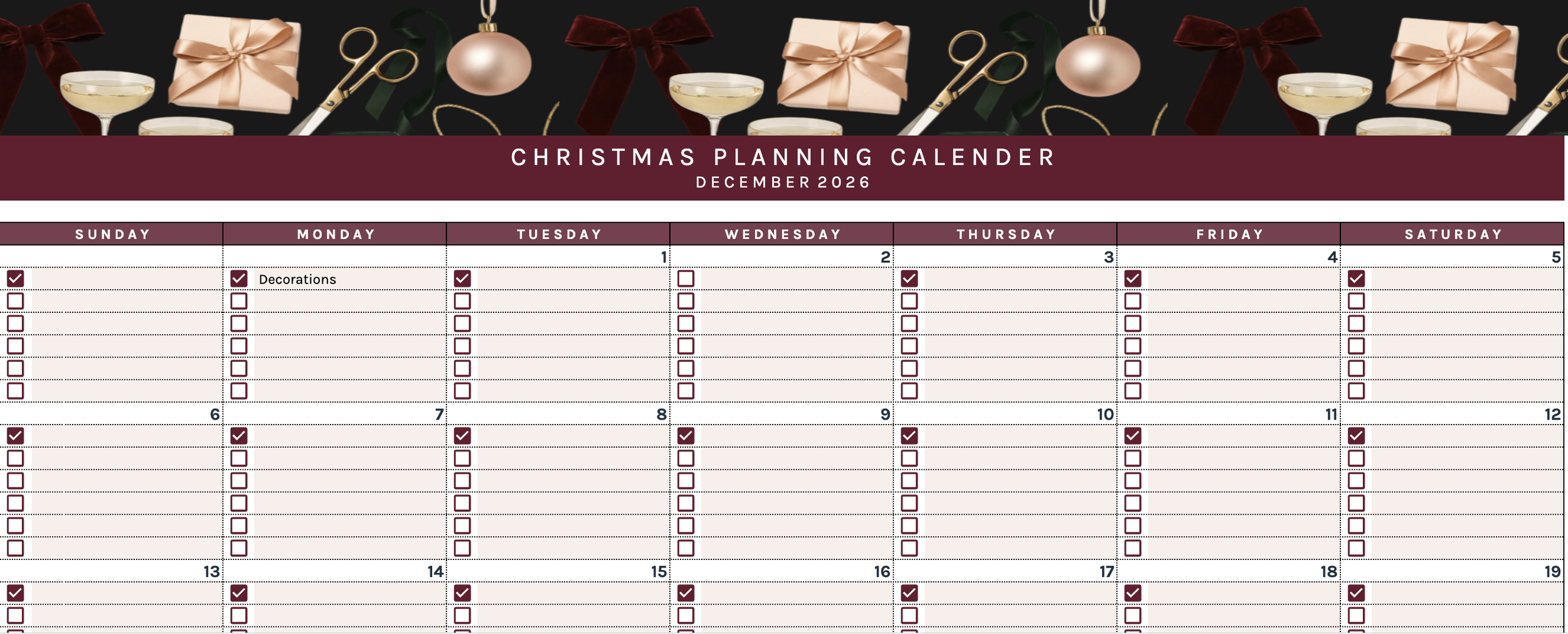 Printable Christmas planner calendar for December with daily task checkboxes