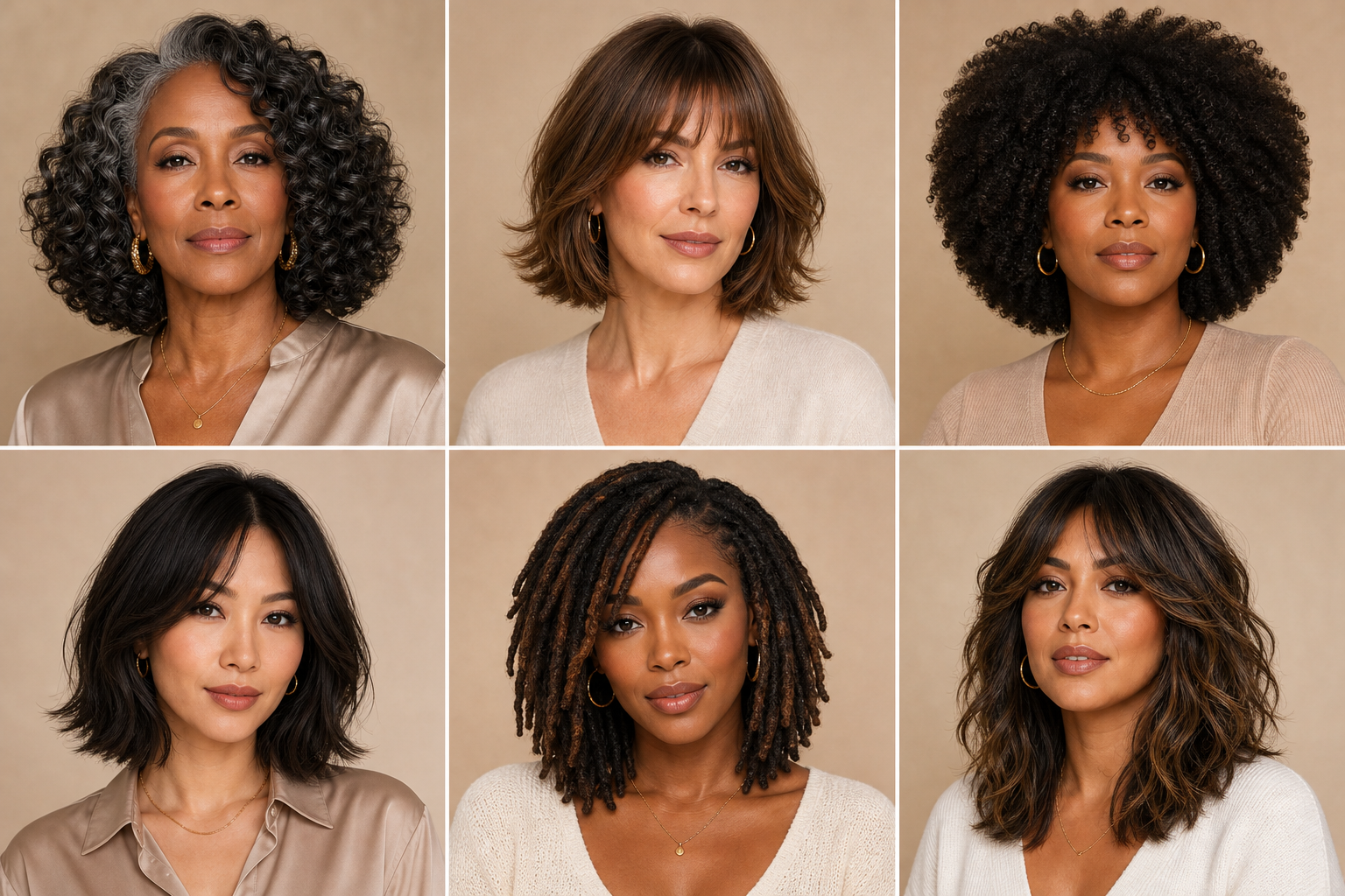 Best hairstyles for oblong face shape - style board showing bobs, bangs, and width-adding styles for long faces