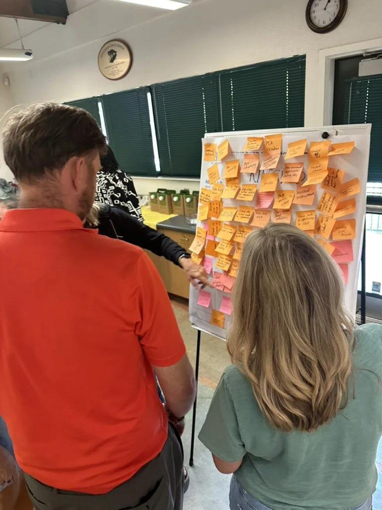 Workshop participants reading a board covered in sticky-note ideas