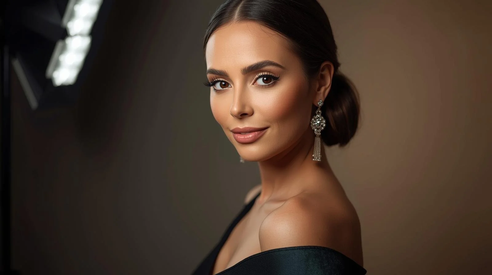 Black & white celebrity-glam portrait with beauty lighting