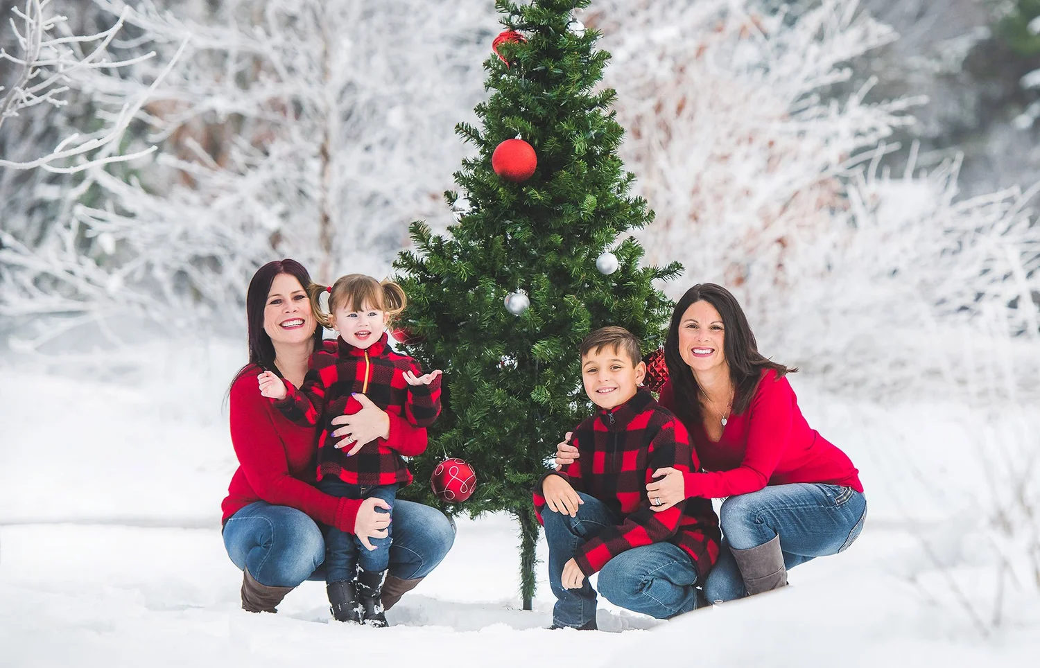 Family in red plaid posing beside a Christmas tree in a snowy setting