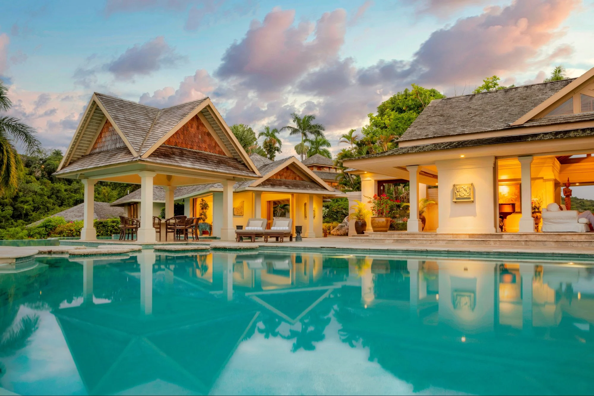 Estate pool at evening — private dining