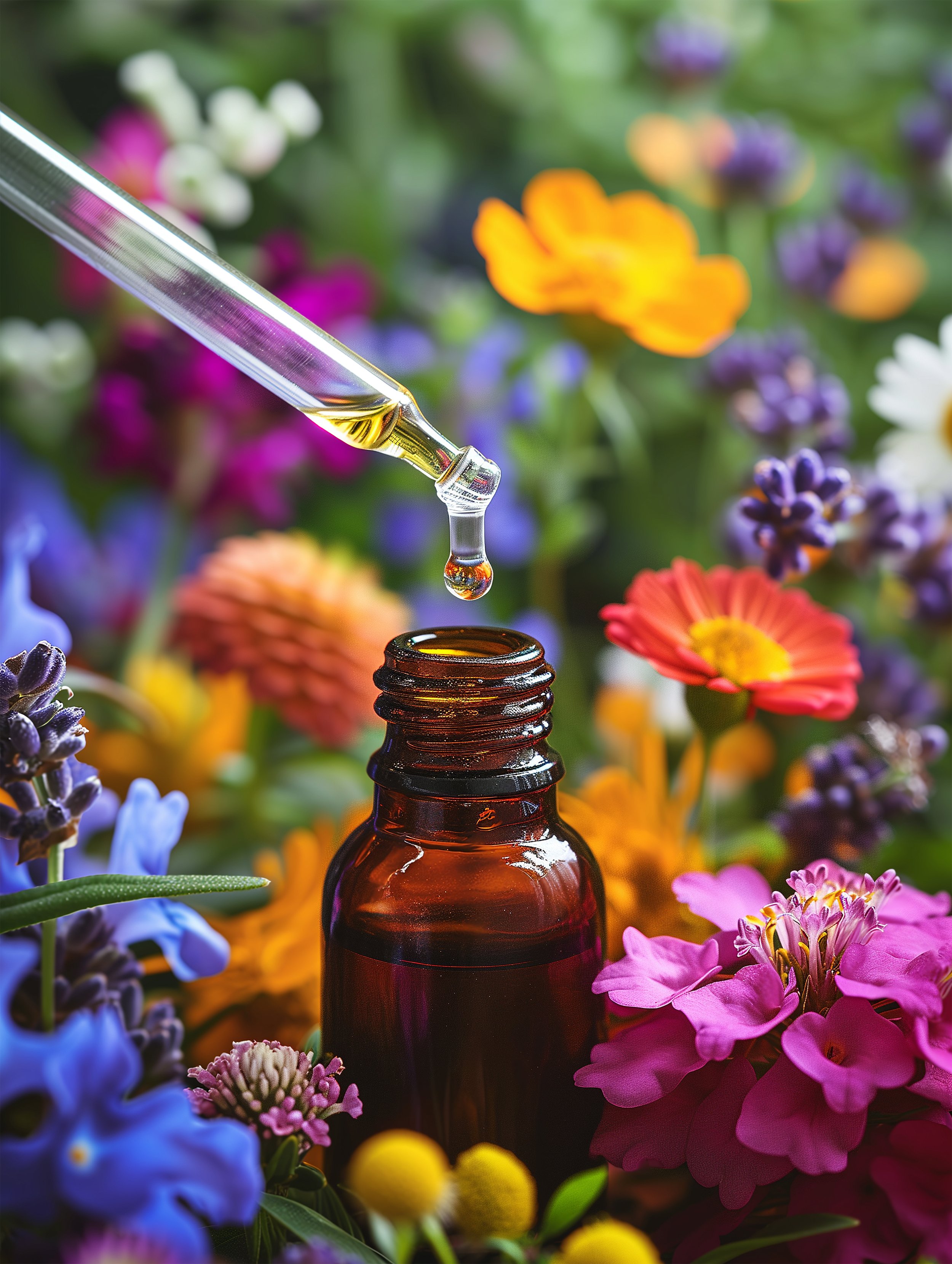 Colorful flowers, botanical medicine and natural wellness remedies