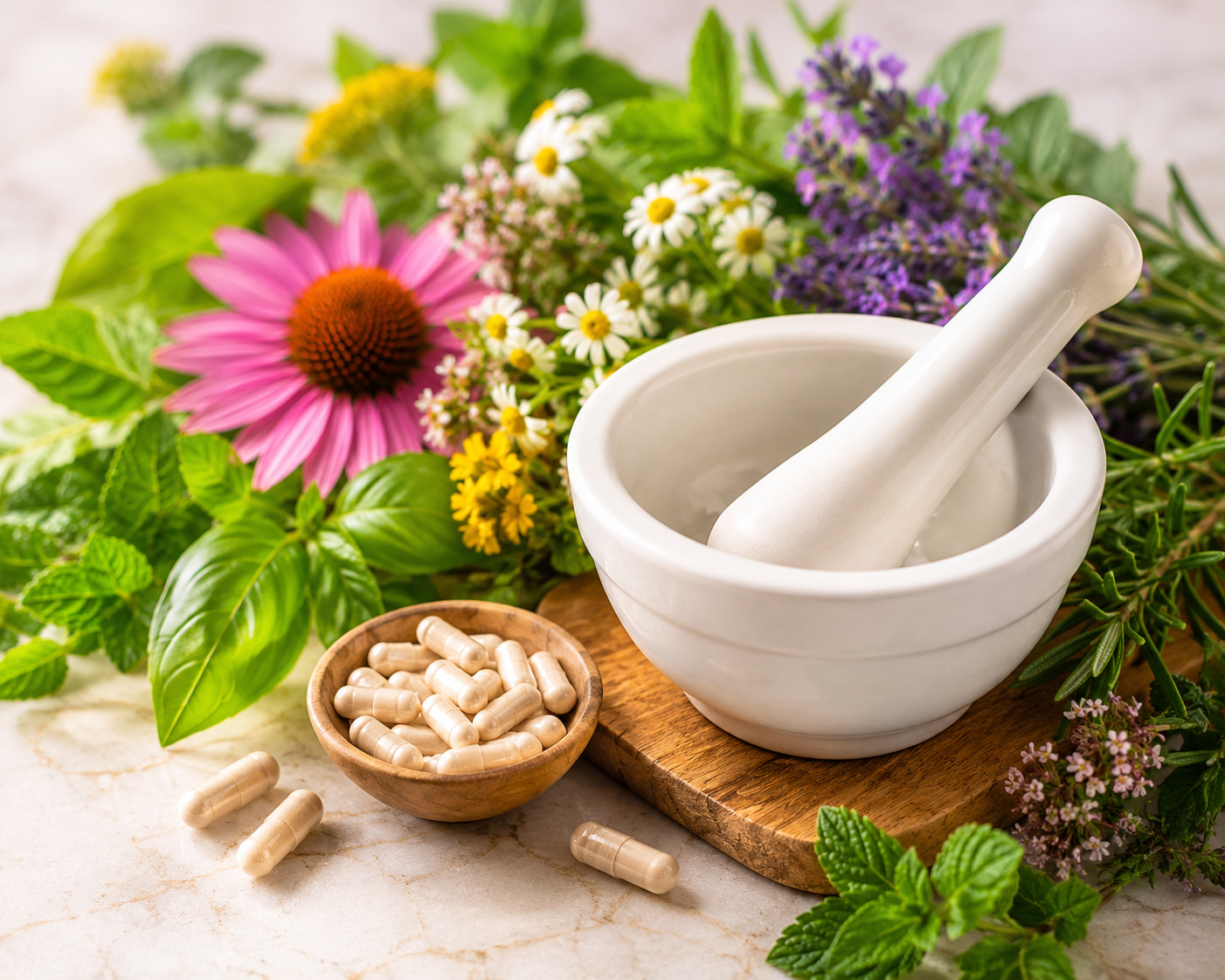Mortar and pestle, herbs and natural supplements used in naturopathic medicine