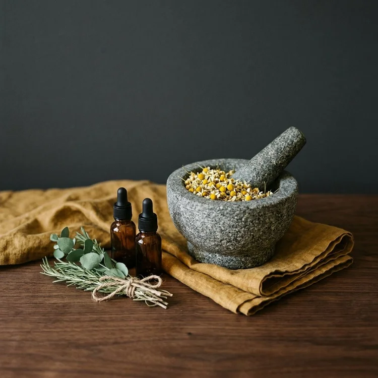 A stone mortar and pestle with dried herbs and a small apothecary bottle