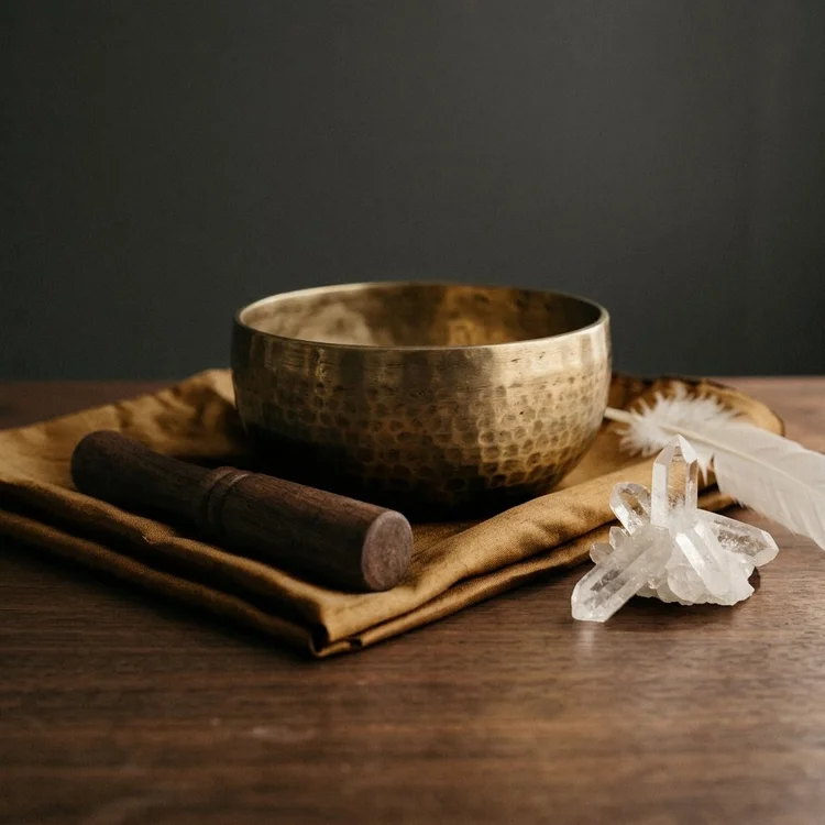 A brass singing bowl on silk beside a quartz crystal