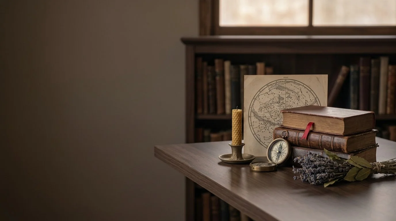 Old leather-bound books, a celestial star chart, a brass compass, a beeswax candle and dried lavender on a wooden desk beside a bookshelf