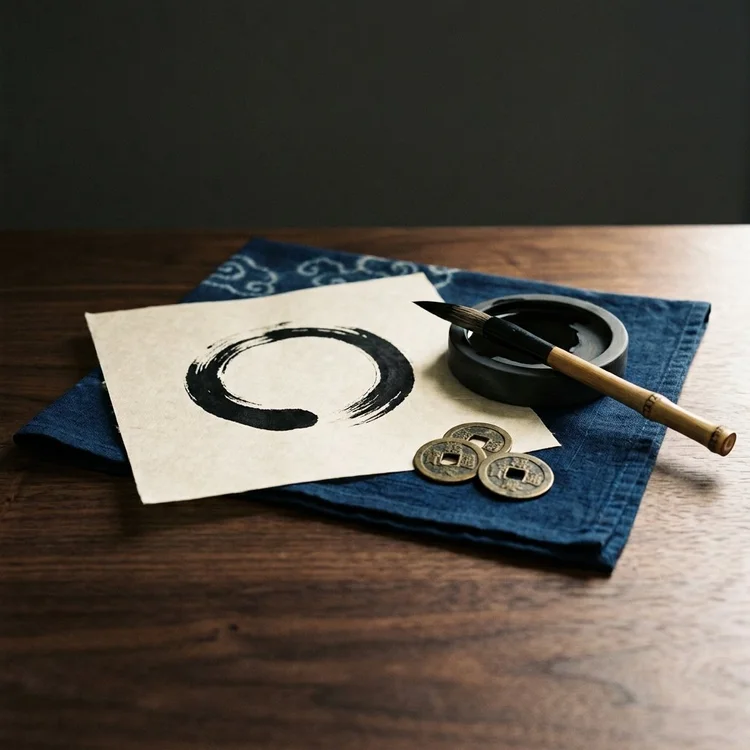 An enso brush circle on paper with a calligraphy brush and incense