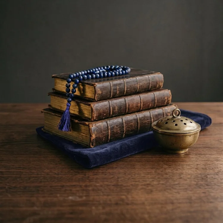 A stack of old gilt-edged books with prayer beads