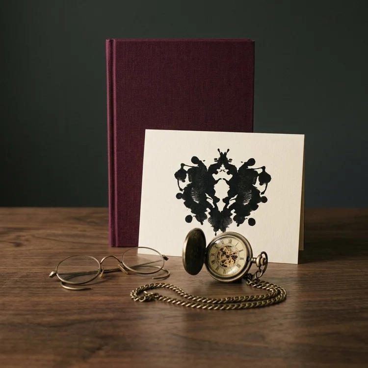 An inkblot card and a pocket watch beside a cloth-bound book