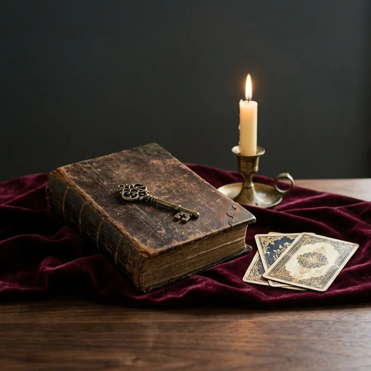 An old leather grimoire, a lit candle and tarot cards on red velvet