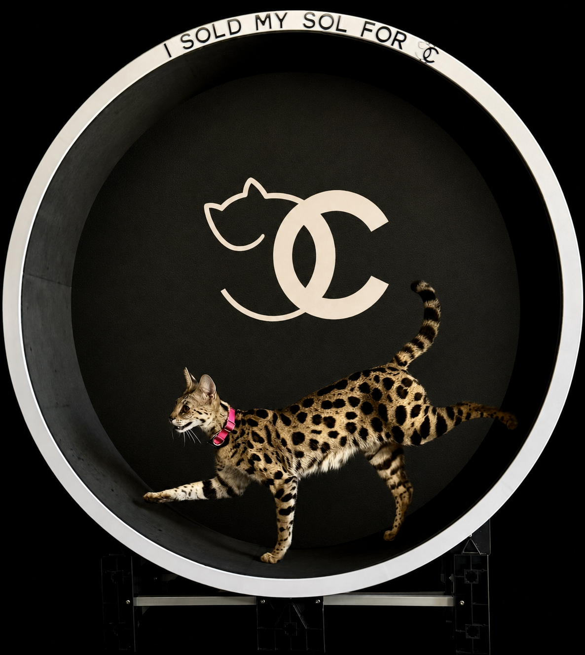 A SavCats Savannah running on their custom cat exercise wheel