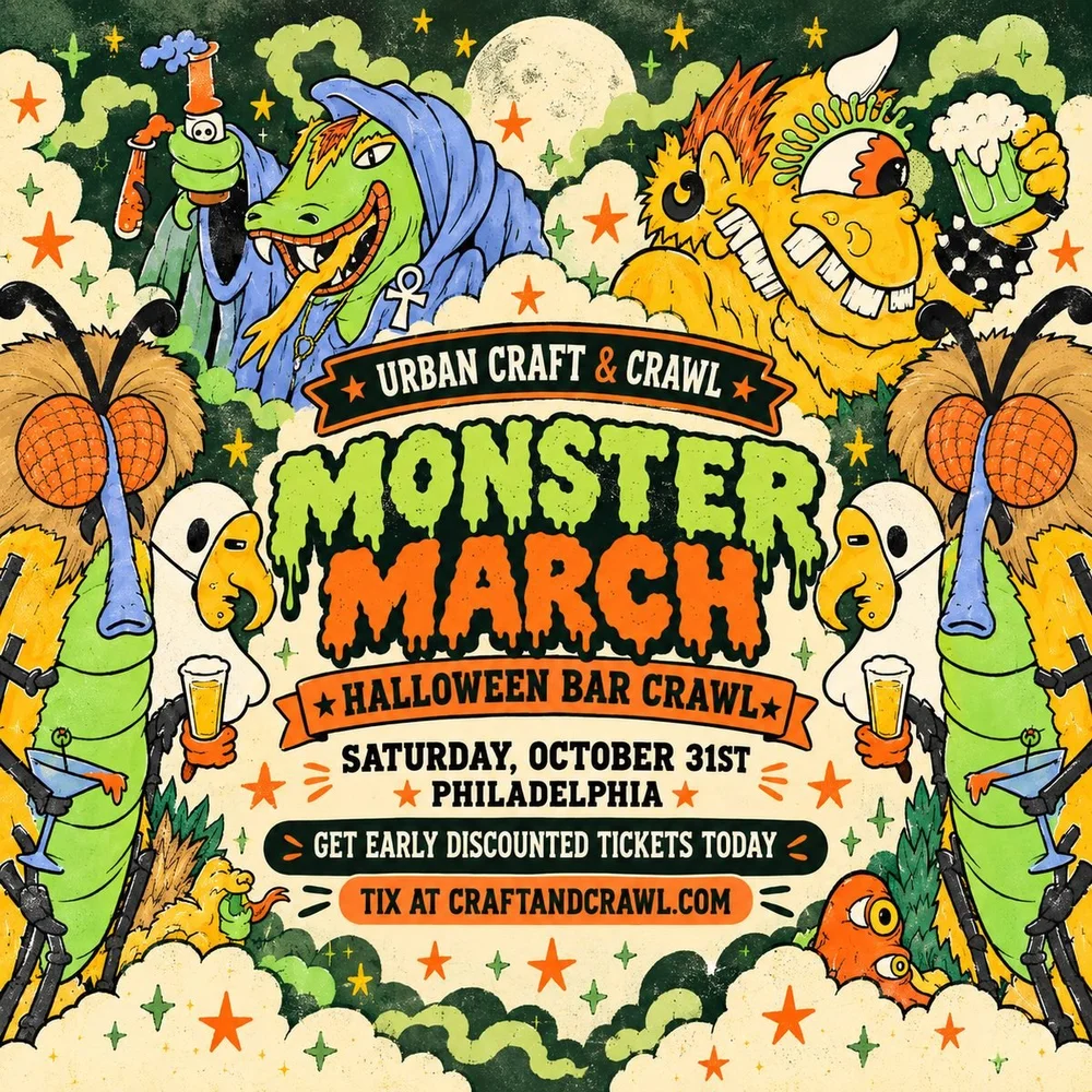 Monster March Philadelphia Halloween Bar Crawl 2026 flyer, Saturday October 31st