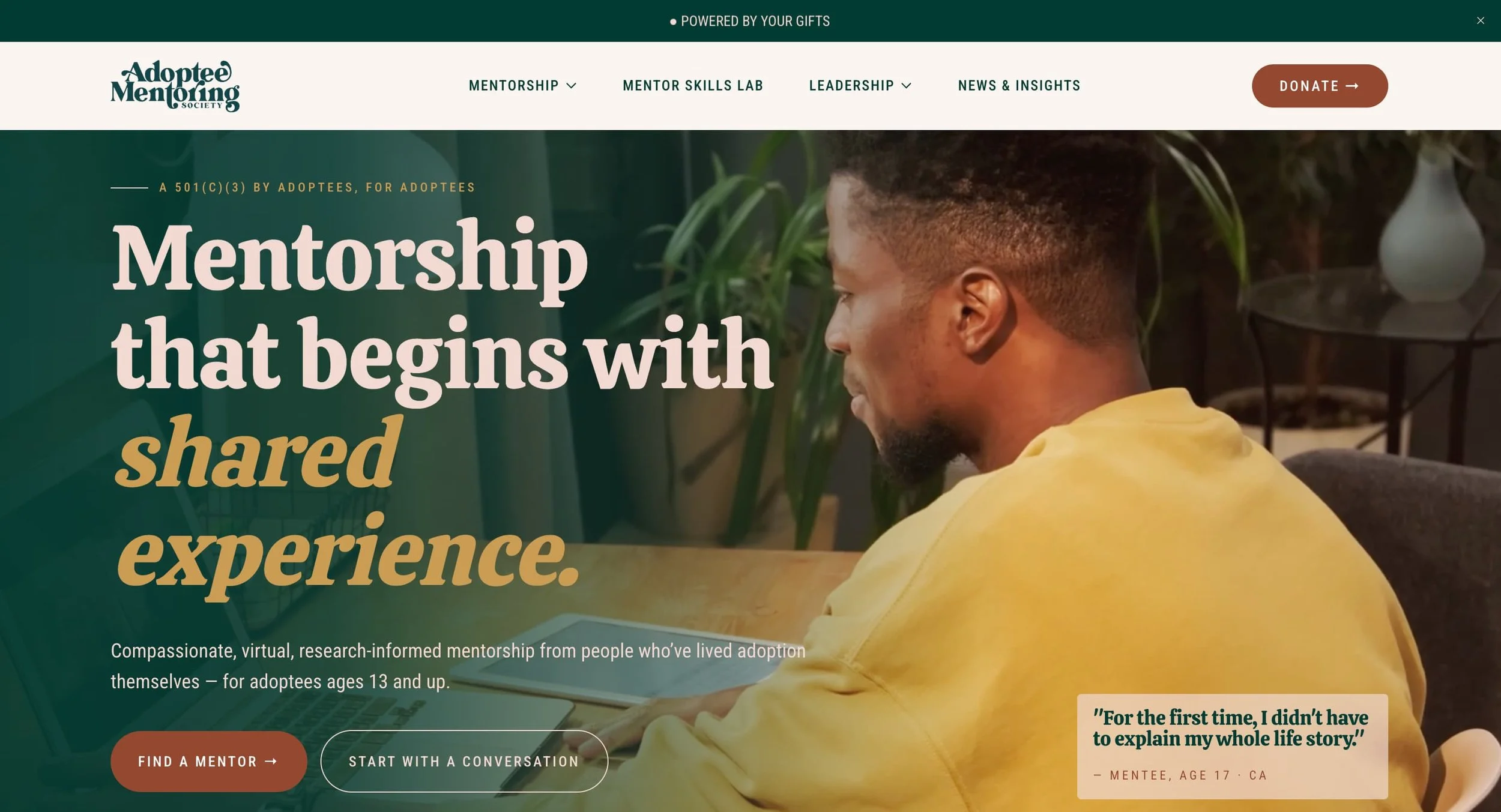 Adoptee Mentoring Society homepage banner