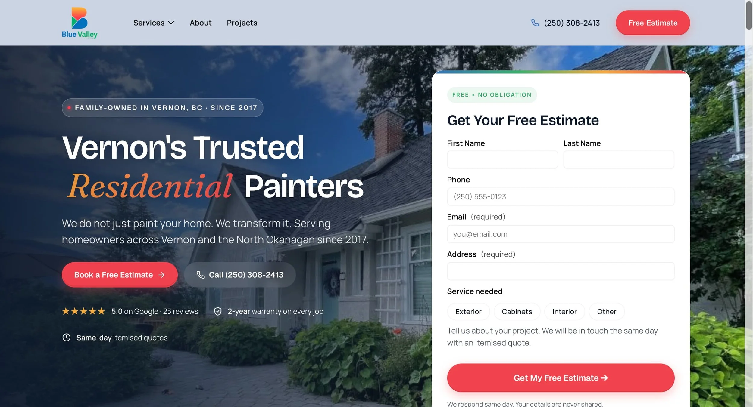 Blue Valley Painting homepage banner