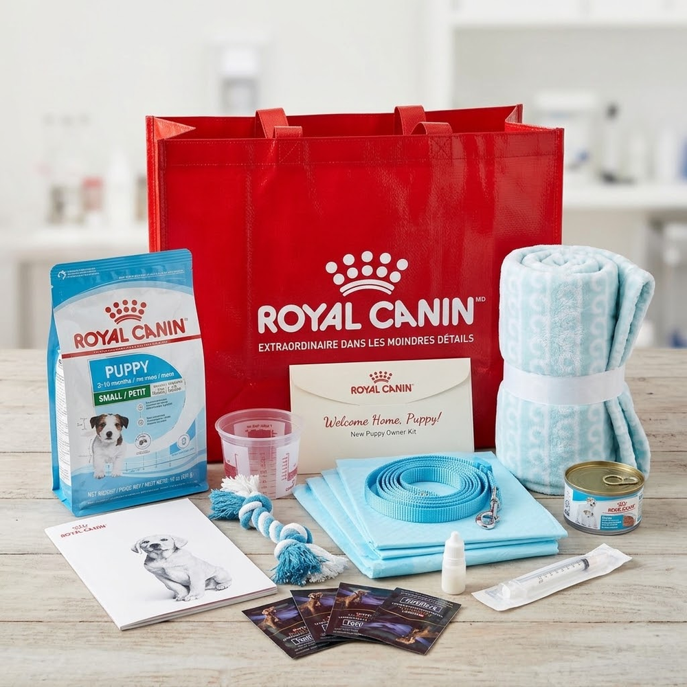 Maxanimo puppy starter kit with Royal Canin puppy food, blanket, leash, toy and pee pads