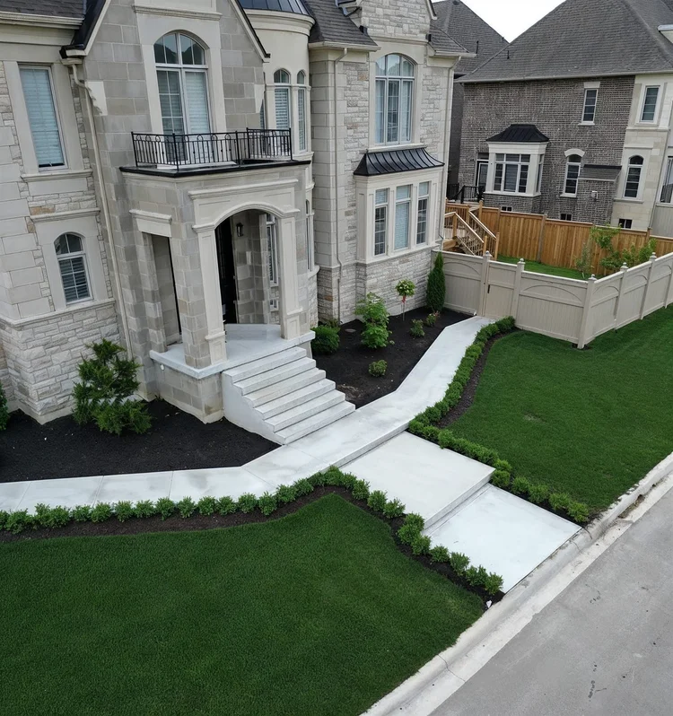 Stone-clad home with new front steps, walkway and landscaping