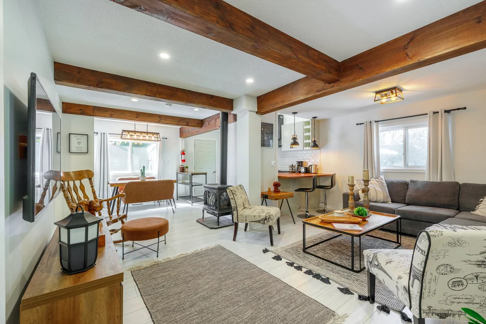 Lakeside living room after a full-gut renovation