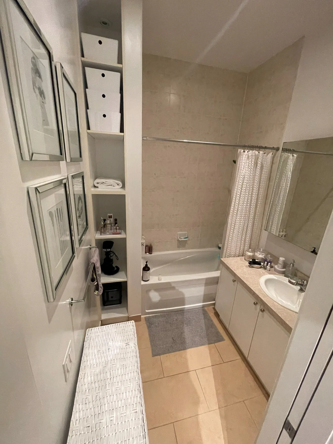 The old tub and beige tile in the Toy Factory Lofts bathroom before the renovation
