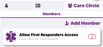 Care Circle shows Add Member and an Allow First Responders Access setting