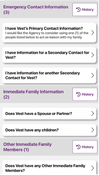 VIF Vest emergency-contact and immediate-family information sections