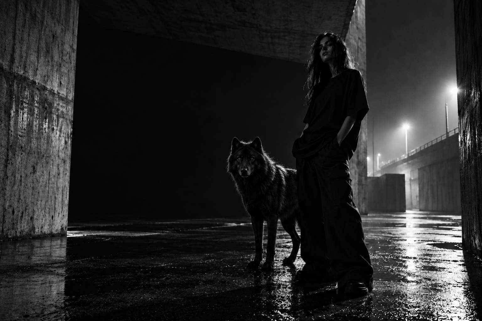 Woman and black wolf in a monochrome concrete city passage