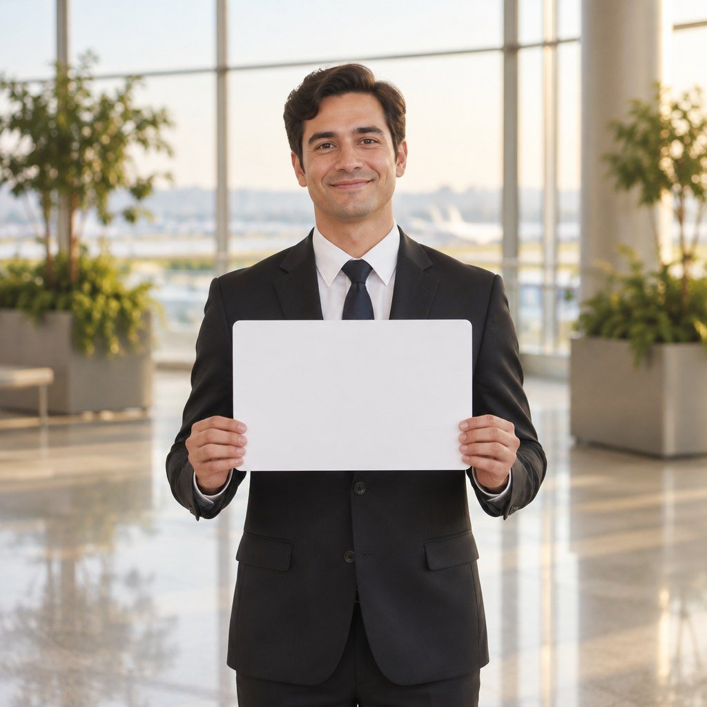An airport greeter waiting at the arrivals gate holding a blank name board
