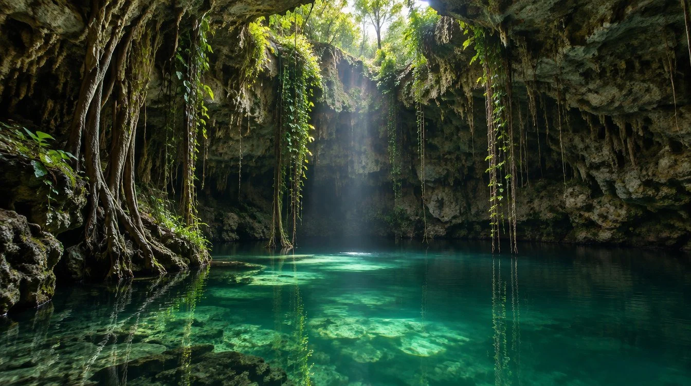 Daylight falling into a limestone cenote with still jade green water in the Yucatan jungle