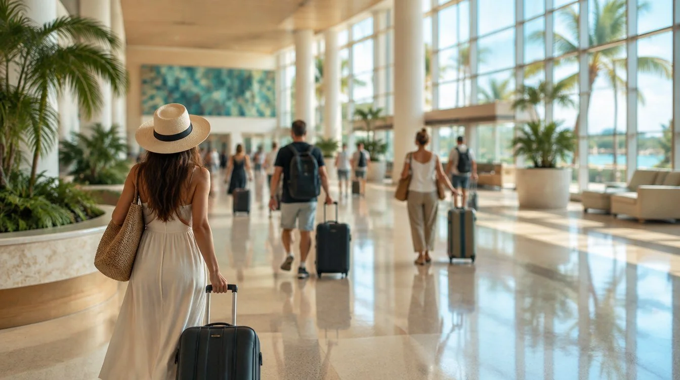 The arrivals concourse at Cancun International Airport with travelers walking through warm daylight