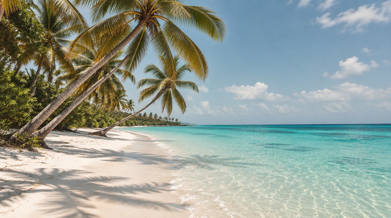 Palm trees leaning over white sand and clear turquoise Caribbean shallows