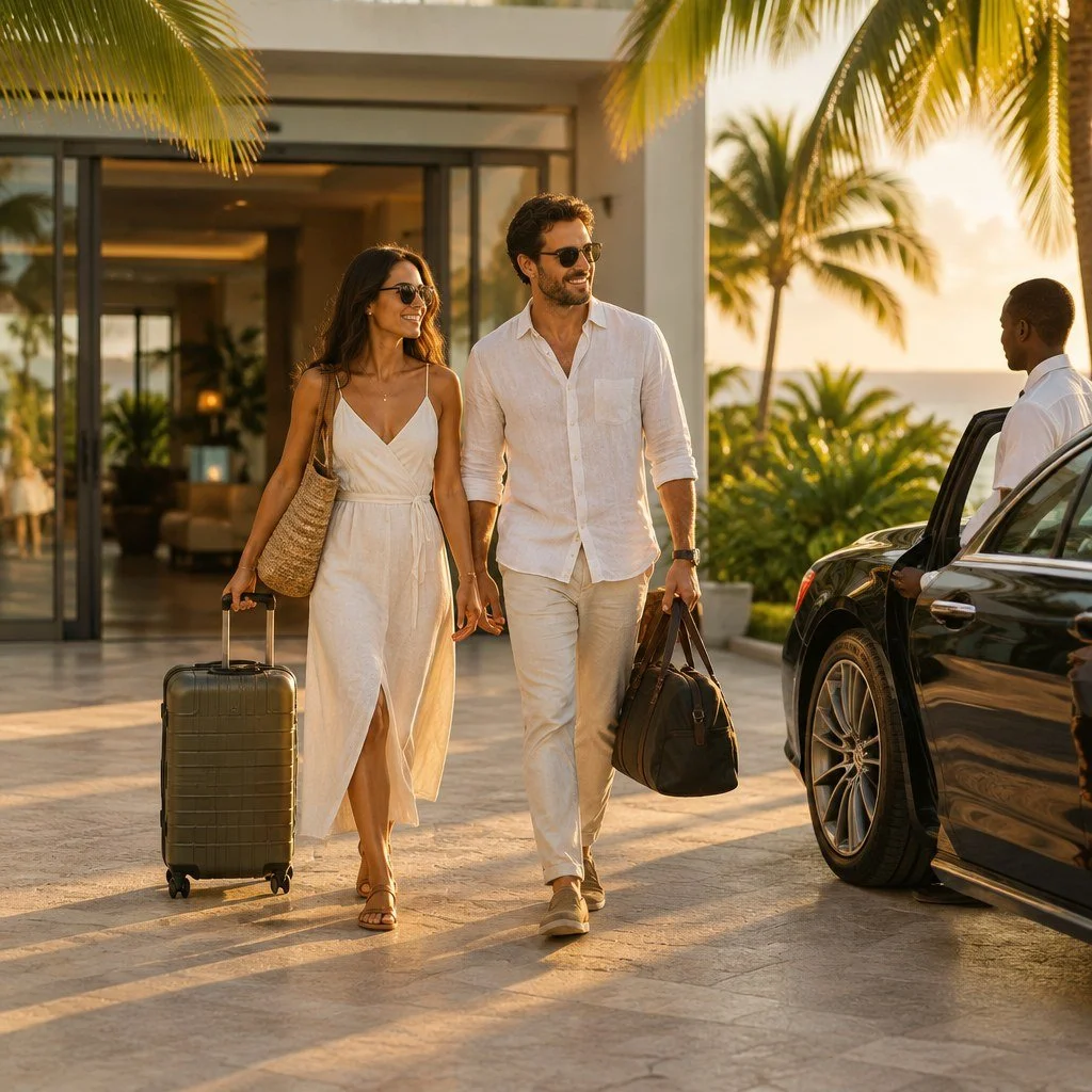 A couple stepping out of the airport into Caribbean sunshine toward a waiting private car