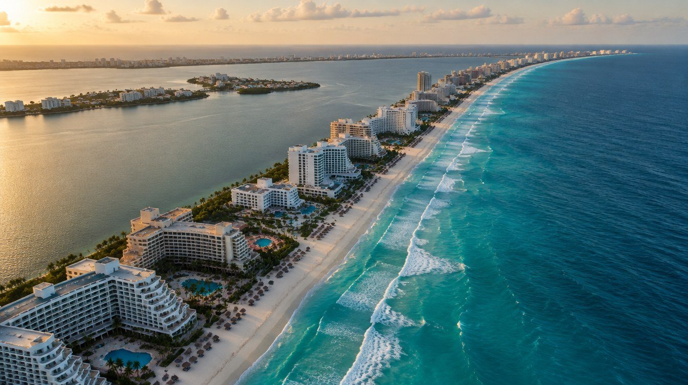 Aerial view of the Cancun hotel zone, a white sand strip between turquoise sea and the lagoon