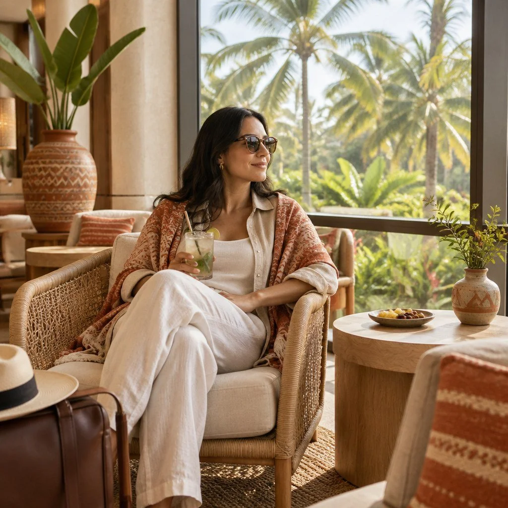 A traveler relaxing with a drink in a warm, light-filled airport departure lounge