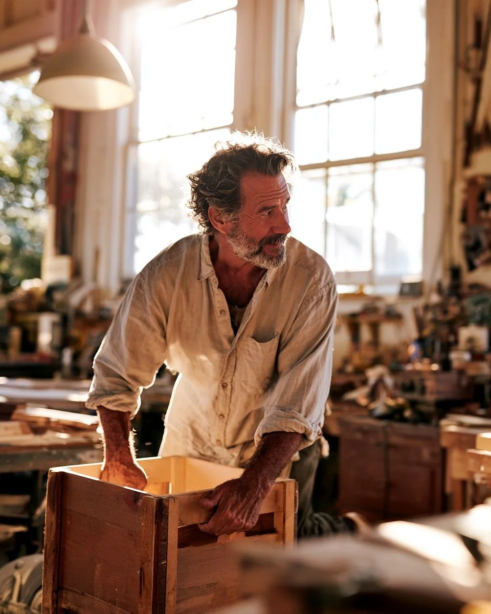 A man lifting a wooden crate with good posture in a sunlit workshop