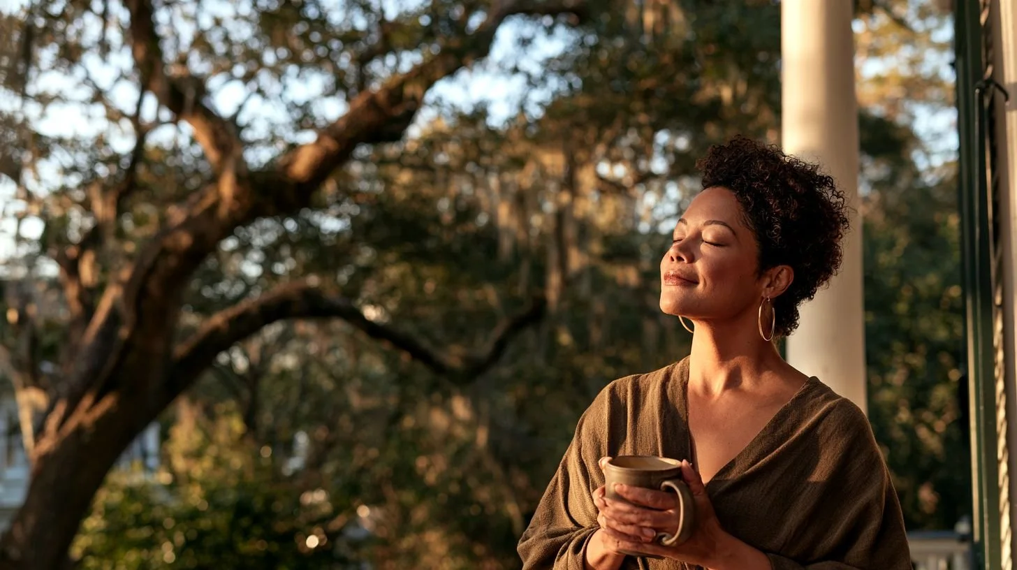 A relaxed woman on a quiet porch in the morning, holding her coffee and gently stretching her neck