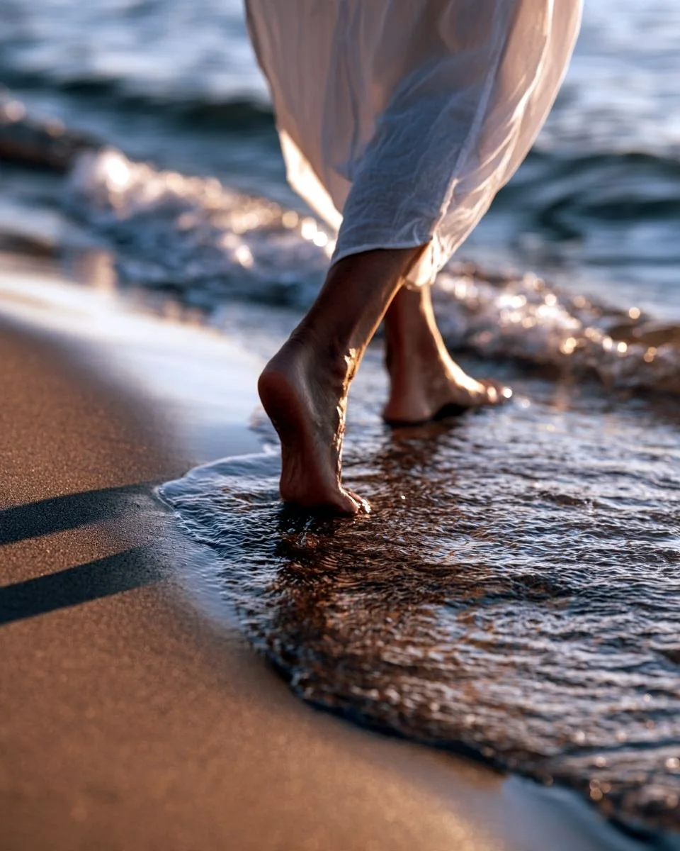 An older woman walking barefoot along the water's edge at golden hour