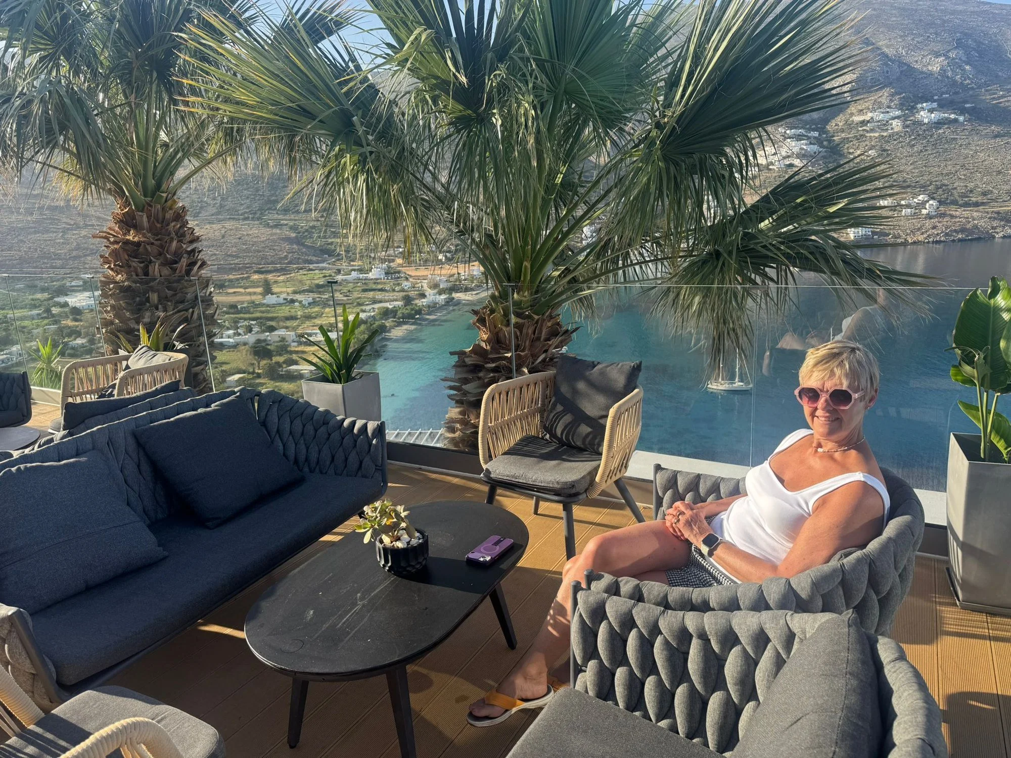 Emma relaxing on the hotel terrace above Aegiali Bay