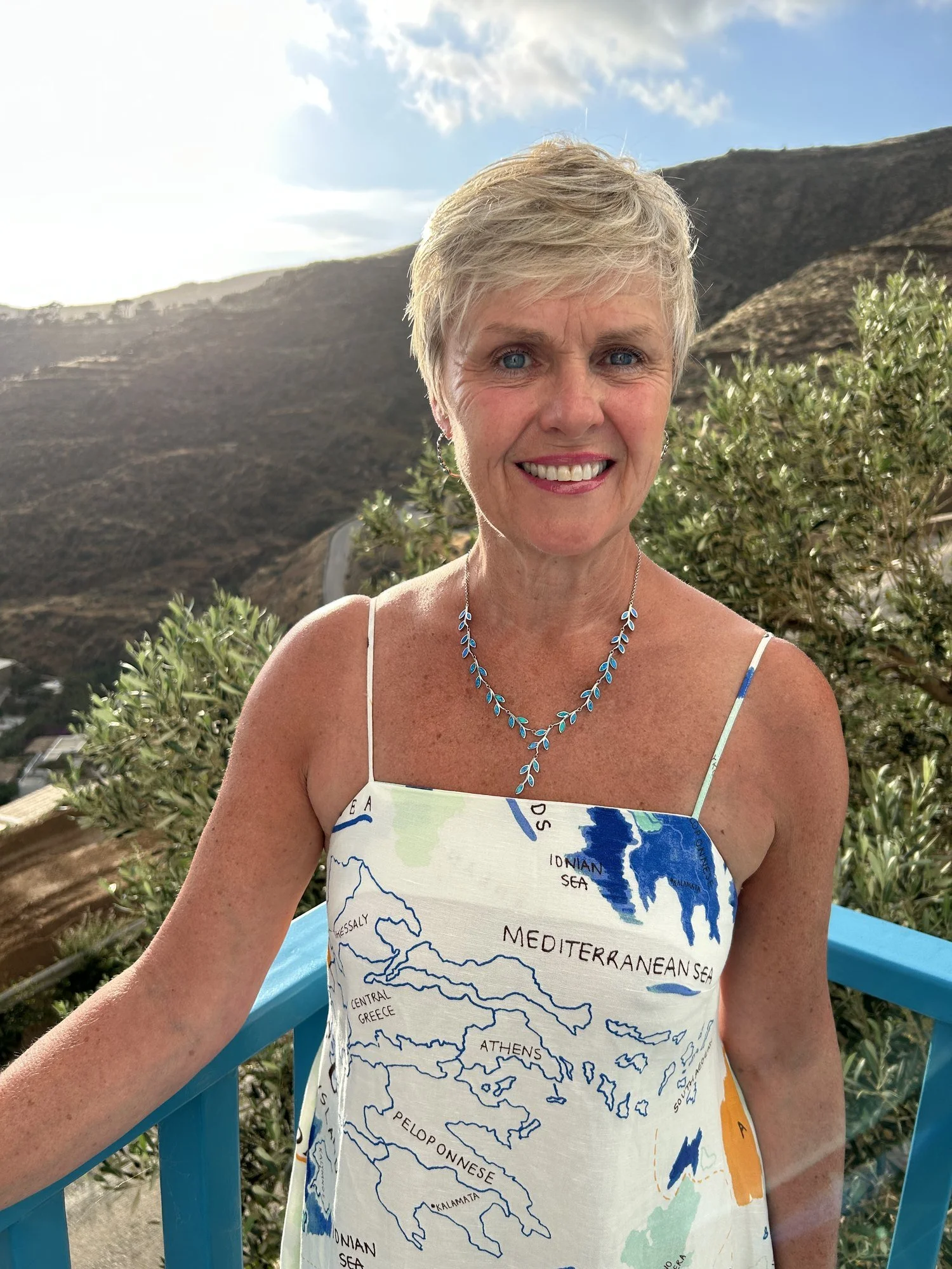 Emma at sunset on Amorgos during the scouting trip