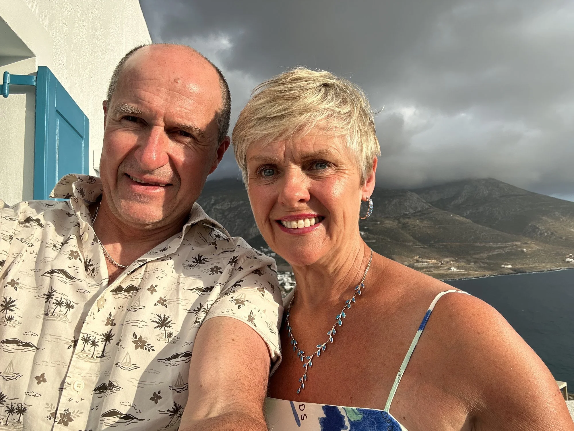 Emma and Declan at Aegialis Hotel during their retreat scouting trip