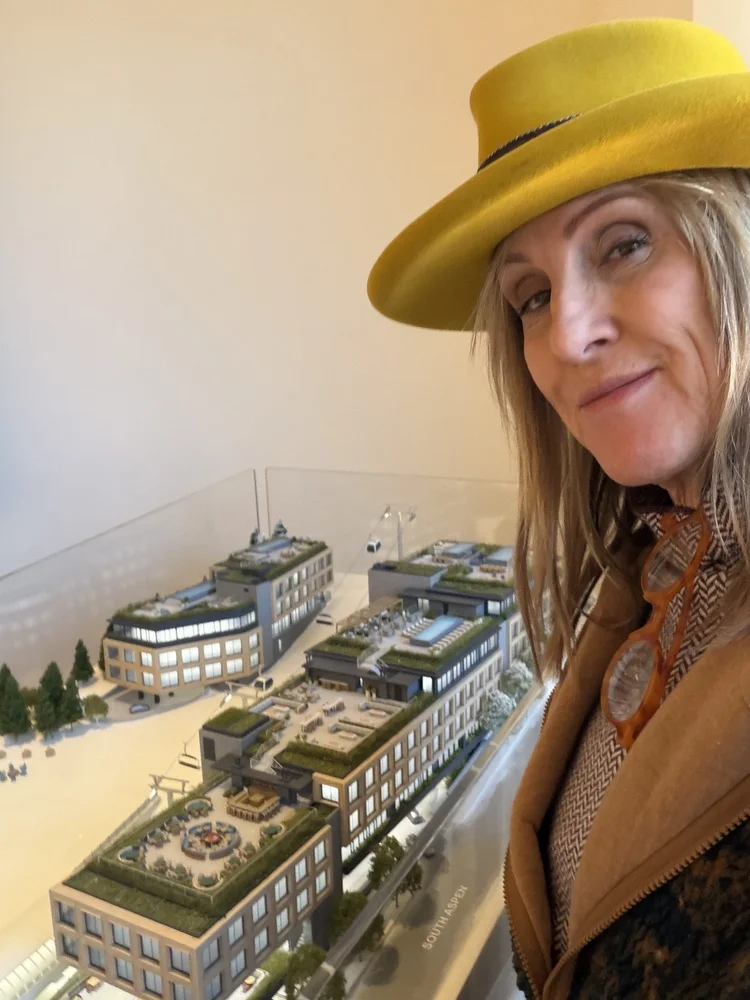 Susan Plummer with the Chalet Alpina architectural model, South Aspen Street, Aspen