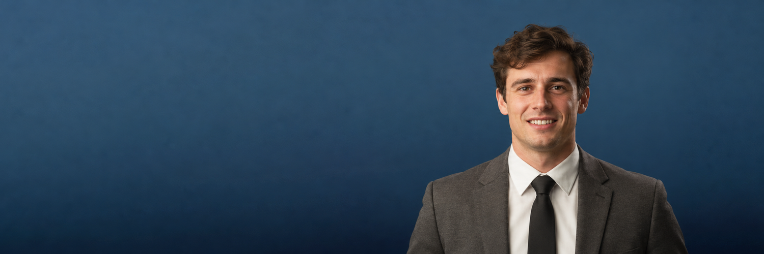 Law firm headshot on a navy backdrop, photographed by Brett Harkness